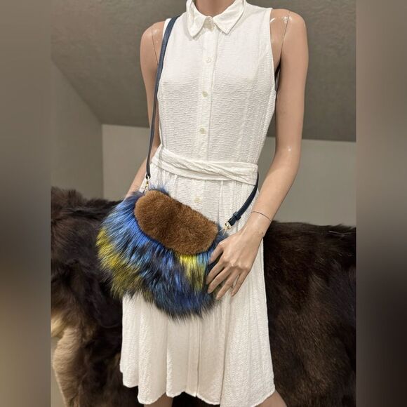 Unique Colorful Real Mink Fur with Finn Raccoon Fur Bag Includes 2 Strap Styles - Picture 11 of 17